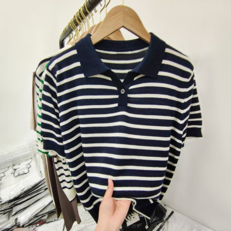 Knitted Stripe Polo T-Shirt Thin Summer Pullover Tops